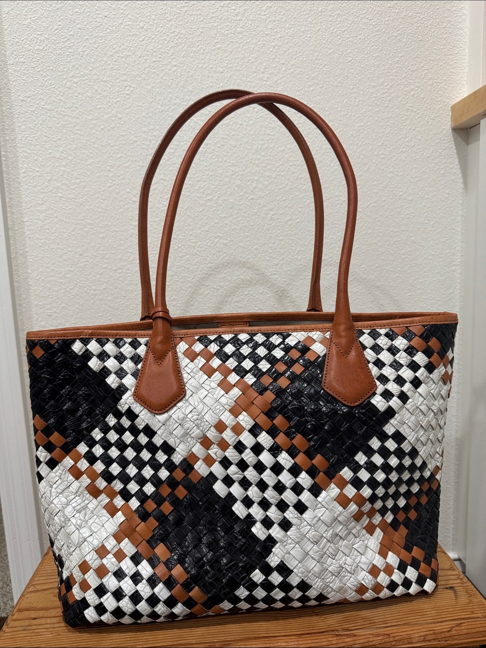 Brahmin Black White and Brown Woven Tote